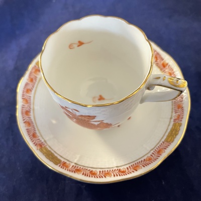 Herend Apponyi orange/marron koffiekop en schotel, kop nr 709 Ø 6 cm, hoog 6 cm. - Afbeelding 2