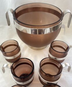 Christofle 70ties bowl set paars/bruin rookglas met verzilverde monturen