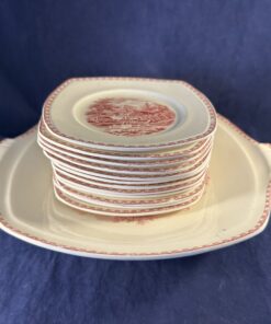 Societe Ceramique 'Landschap' rood gebakstel met 12 gebaksborden 25,5 x 29 cm / 14,7 x 14,7 cm