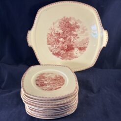 Societe Ceramique 'Landschap' rood gebakstel met 12 gebaksborden 25,5 x 29 cm / 14,7 x 14,7 cm - Afbeelding 3