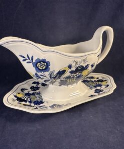 Spode 'Blue Bird' sauskom met vaste schotel Ø 20 x 7,5 cm, hoog 12 cm.