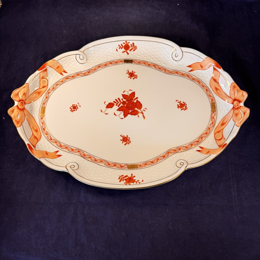 Herend Apponyi Orange grote ovale presenteerschaal met strikken nr. 400 AOG 28,5 x 40,5 cm.