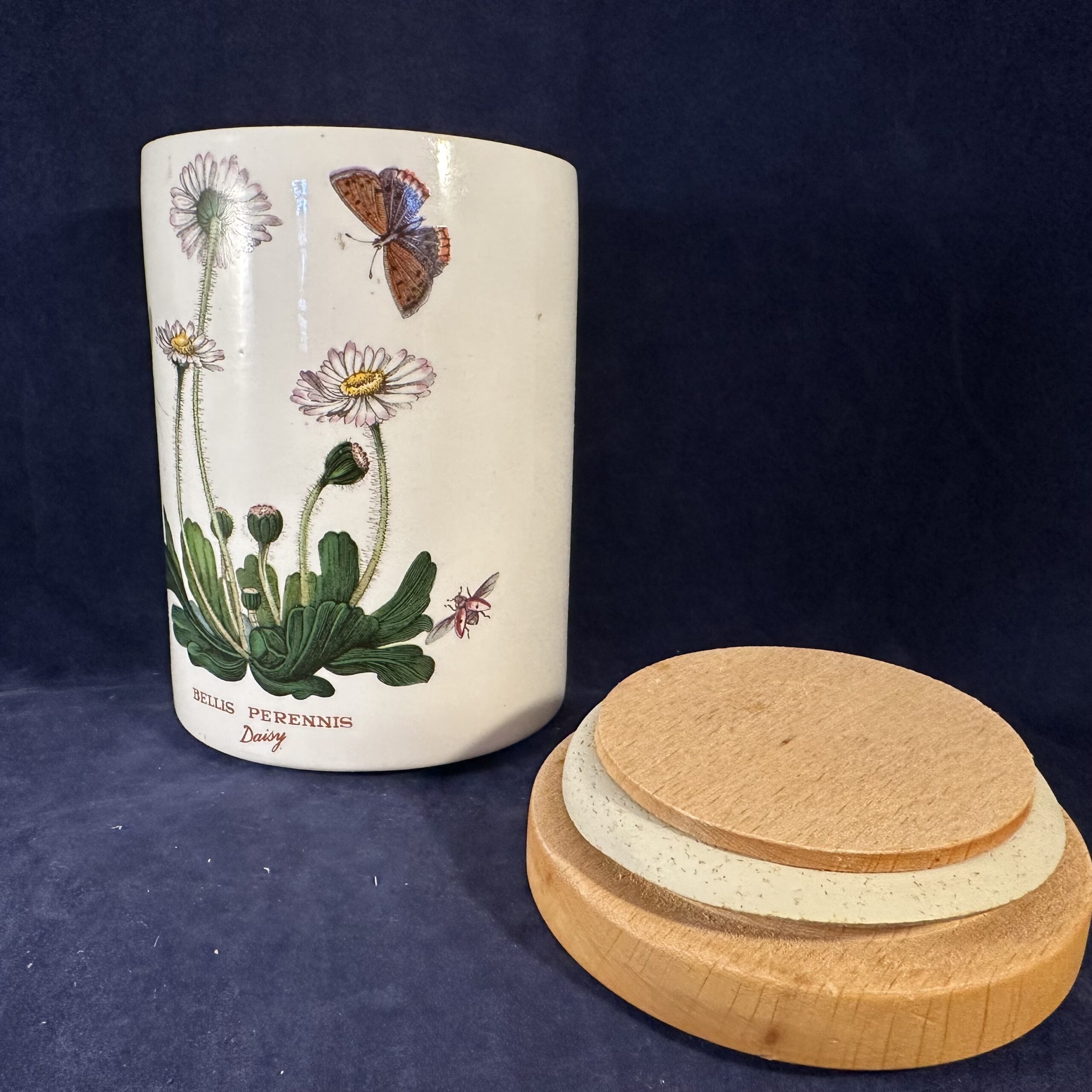 Portmeirion Botanic Garden voorraadpot/ voorraadbus met houten deksel, hoog 13,5 cm Ø 9 cm. 'Bellis perennis' - Afbeelding 2