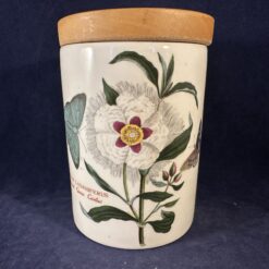 Portmeirion Botanic Garden voorraadpot/ voorraadbus met houten deksel, hoog 13,5 cm Ø 9 cm. 'Cistus Ladaniferus/ Spanish Gum Cistus