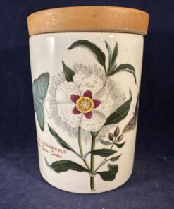 Portmeirion Botanic Garden voorraadpot/ voorraadbus met houten deksel, hoog 13,5 cm Ø 9 cm. 'Cistus Ladaniferus/ Spanish Gum Cistus